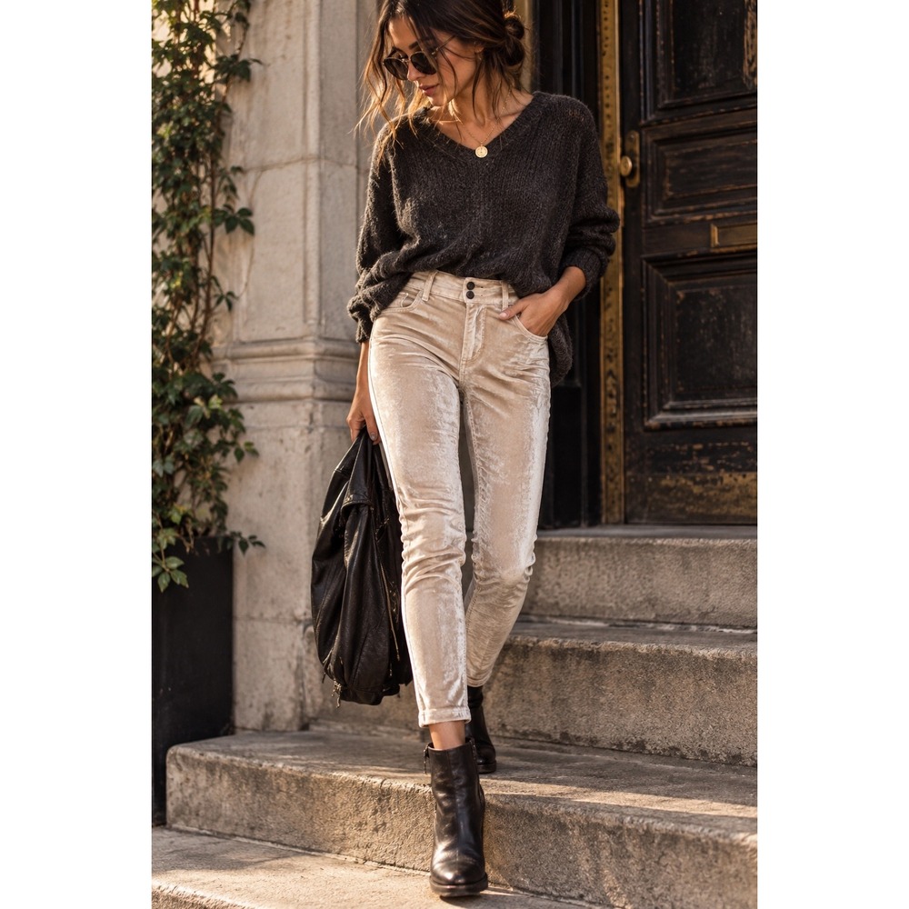 NWT Free People Sweet Jane Velvet Skinny Pants Champagne 26